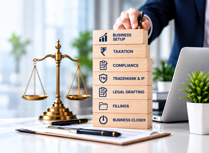 Business Compliance Stacking Blocks, Scale of Justice and Laptop