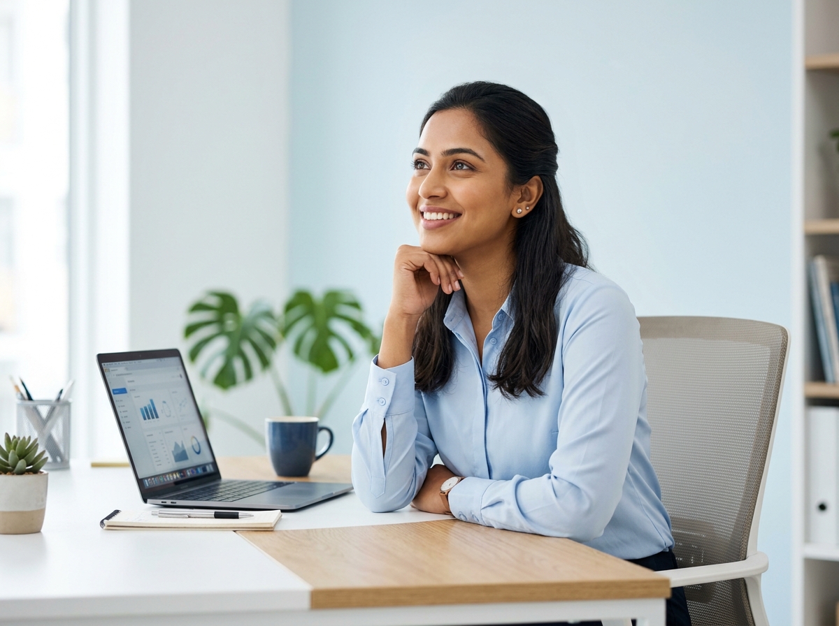 Businesswoman Smiling with Laptop and Inquiry Badges